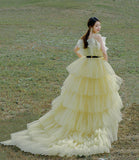 Yellow tulle long ball gown dress A line evening gown HZ1023