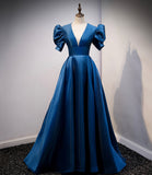 Blue satin long prom dress A line evening gown HZ1023