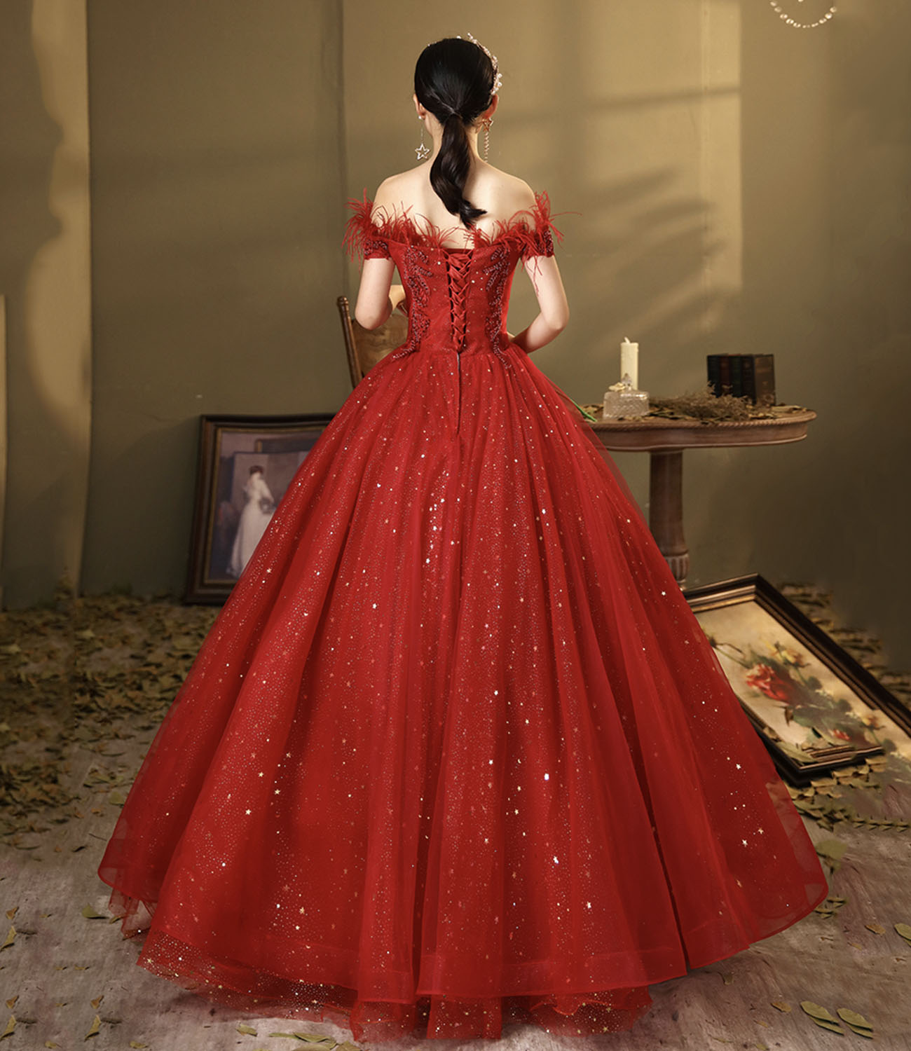 Red tulle sequins long ball gown dress A line evening dress HZ1023