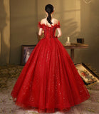 Red tulle sequins long ball gown dress A line evening dress HZ1023