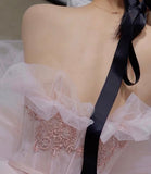 Pink tulle sequins long prom gown A line evening gown HZ1023