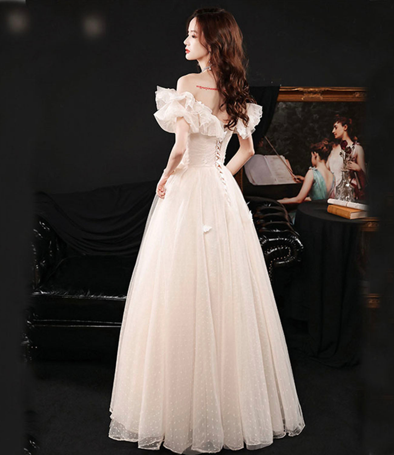 Champagne tulle long prom dress A line evening dress HZ1023
