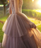 Stylish tulle beads long prom dress A line evening dress HZ1023