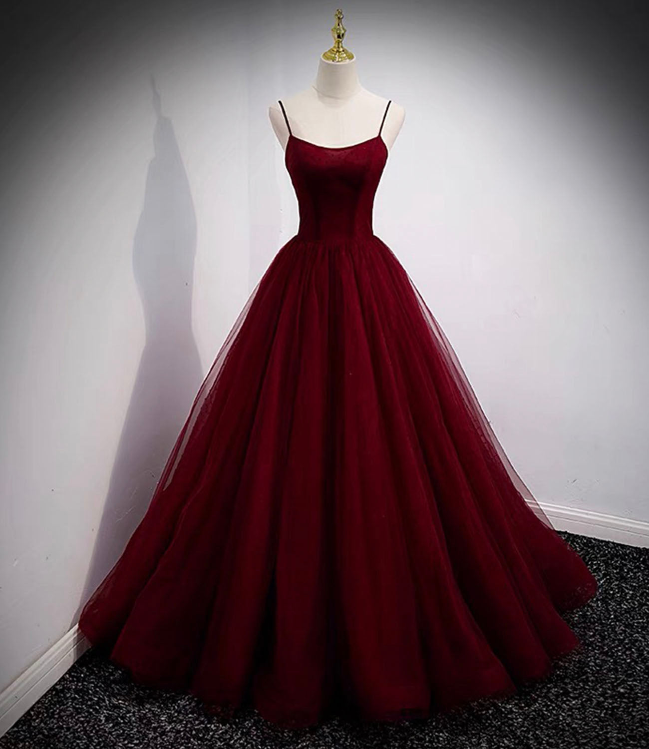 Burgundy tulle long prom dress two pieces evening dress HZ1023