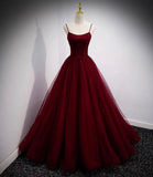 Burgundy tulle long prom dress two pieces evening dress HZ1023