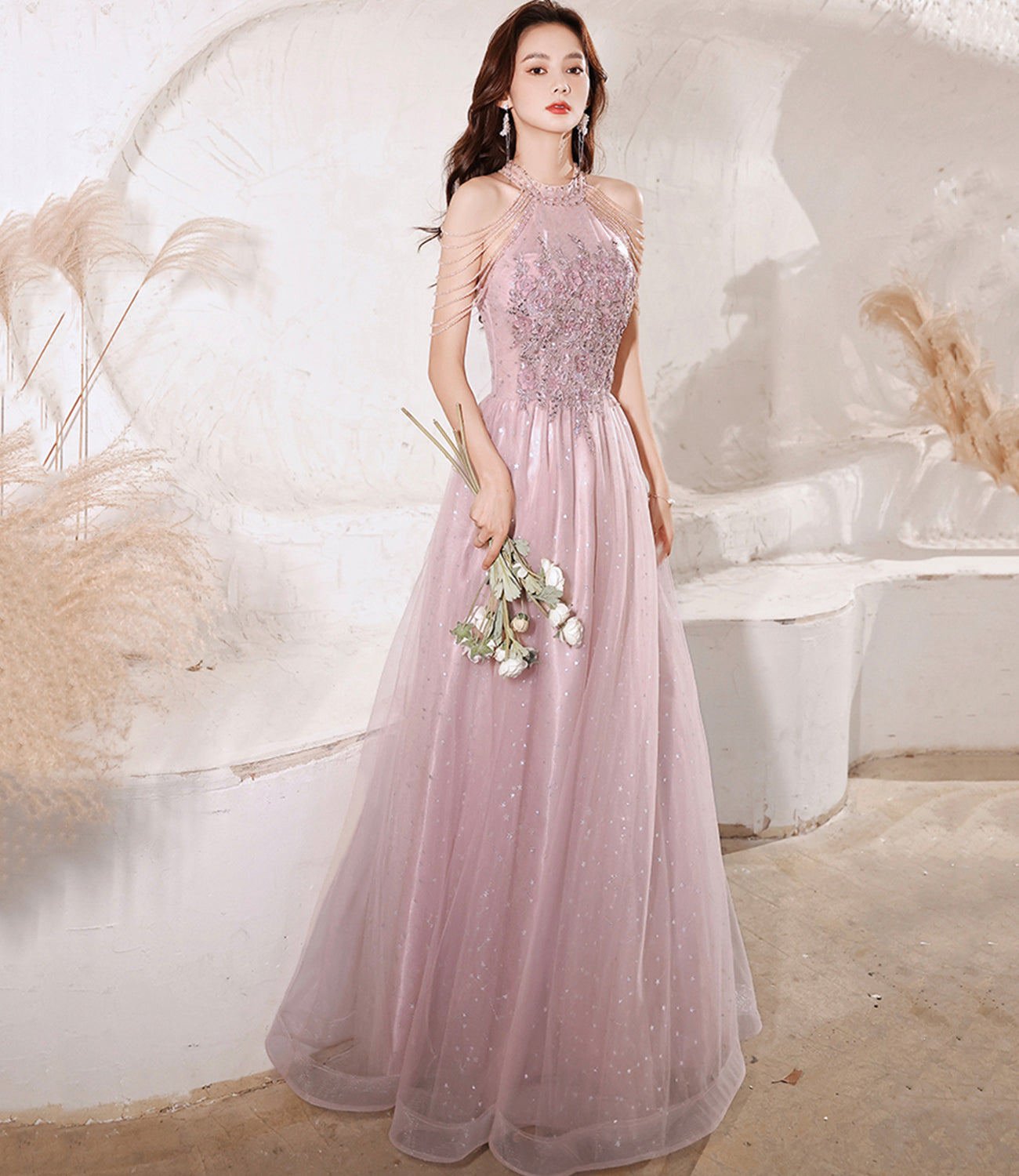 Pink tulle beads long prom dress A line evening gown HZ1023