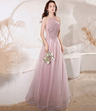 Pink tulle beads long prom dress A line evening gown HZ1023