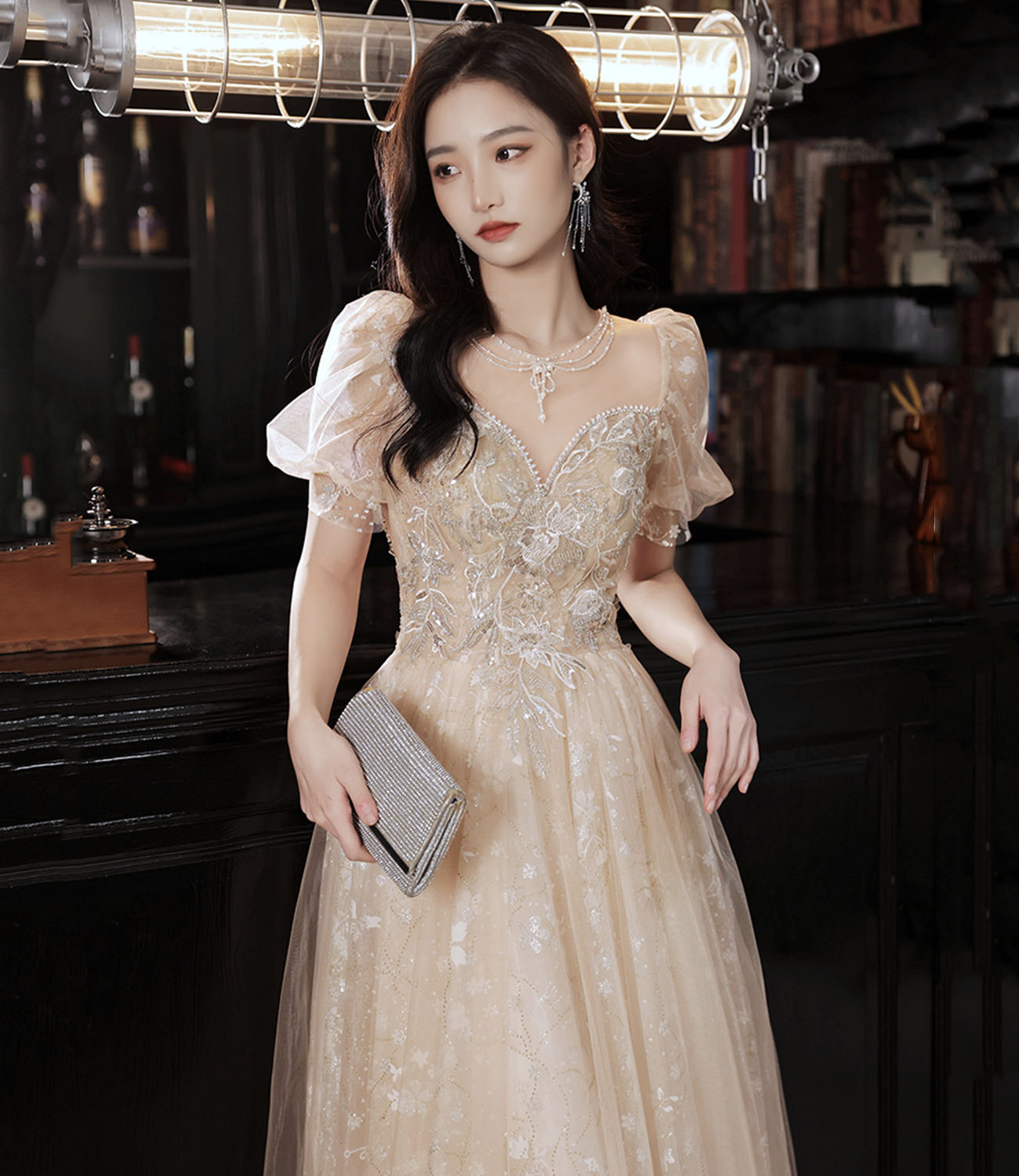 Champagne tulle sequins long prom dress evening dress HZ1023