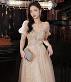 Champagne tulle sequins long prom dress evening dress HZ1023