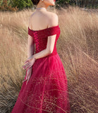 Red tulle beads long prom dress A line evening dress HZ1023