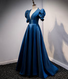 Blue satin long prom dress A line evening gown HZ1023