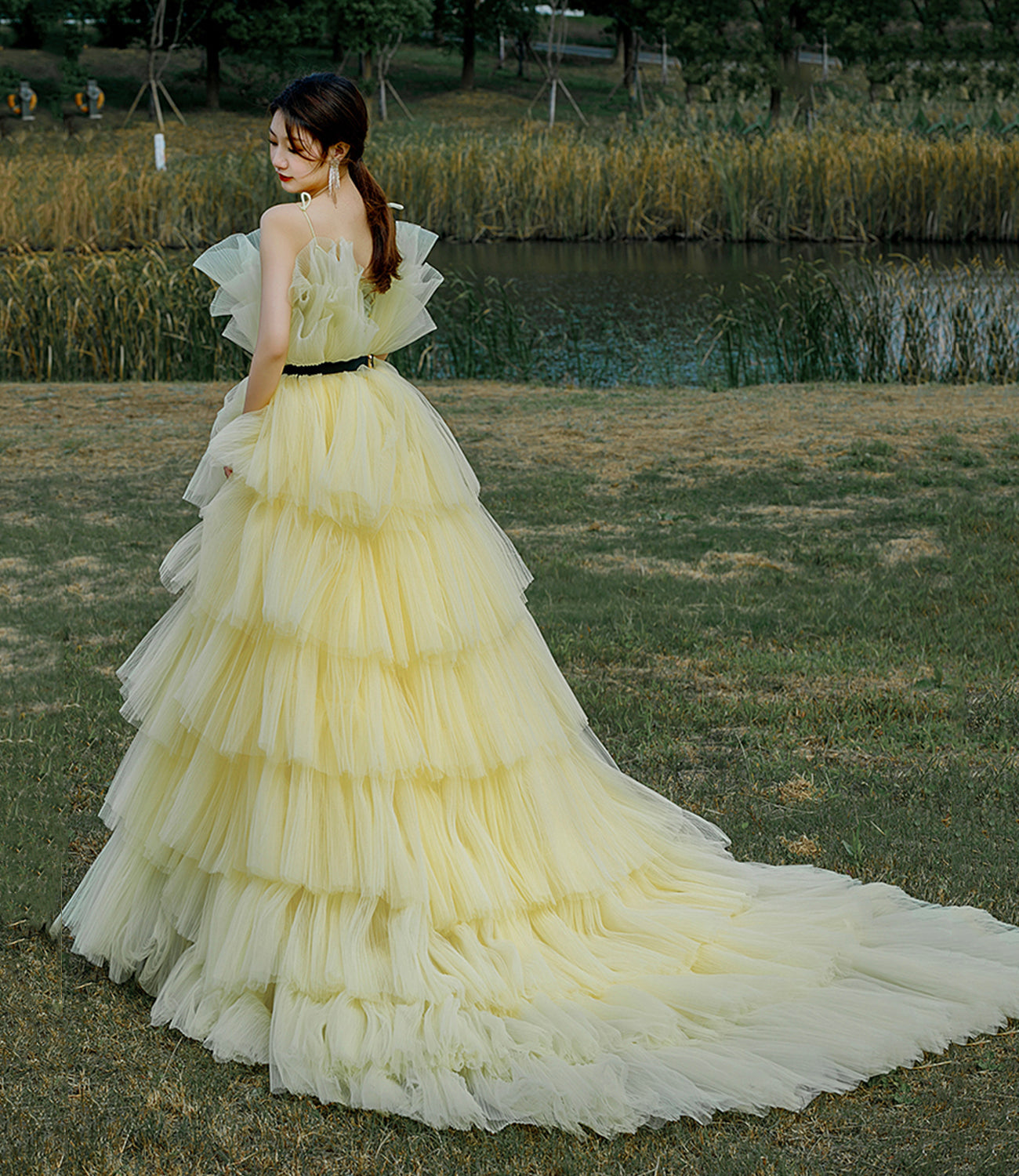Yellow tulle long ball gown dress A line evening gown HZ1023