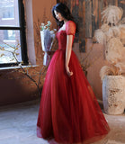 Burgundy tulle beads long prom dress evening gown HZ1023