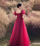 Red tulle beads long prom dress A line evening gown HZ1023