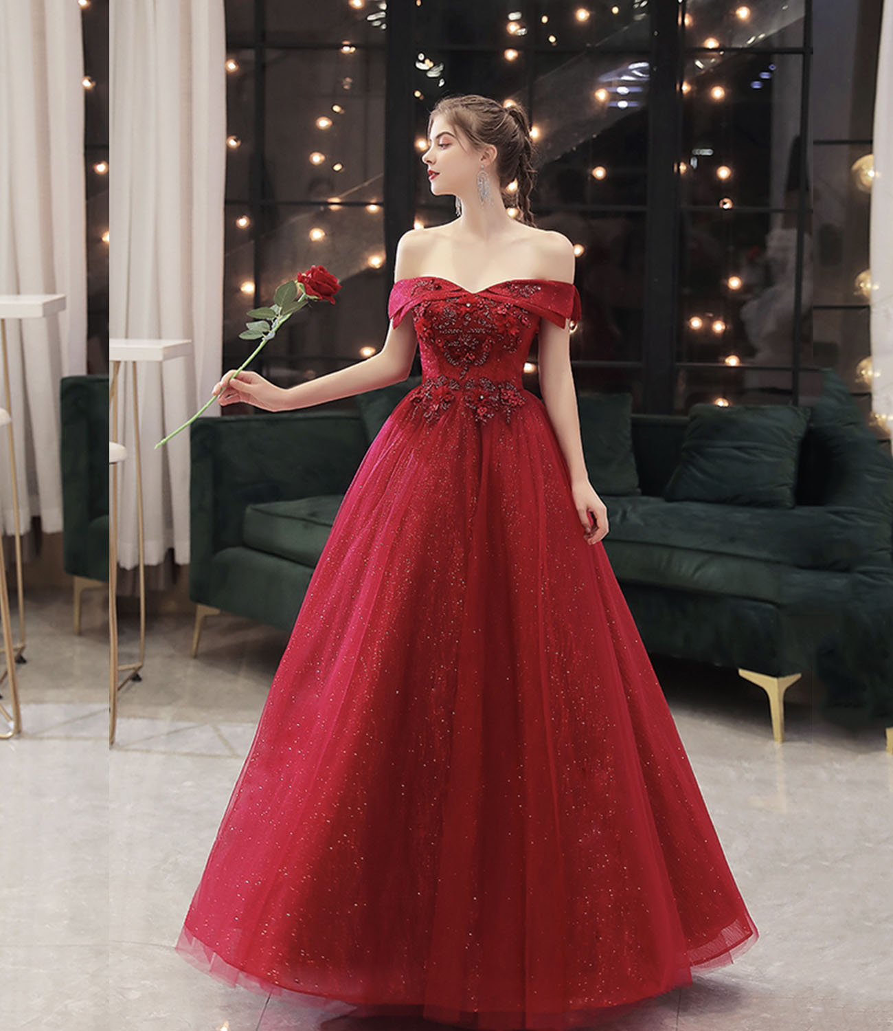 Burgundy tulle lace long prom dress A line evening gown HZ1023