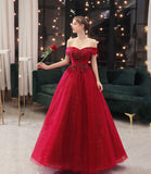 Burgundy tulle lace long prom dress A line evening gown HZ1023