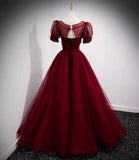 Burgundy tulle long prom dress two pieces evening dress HZ1023