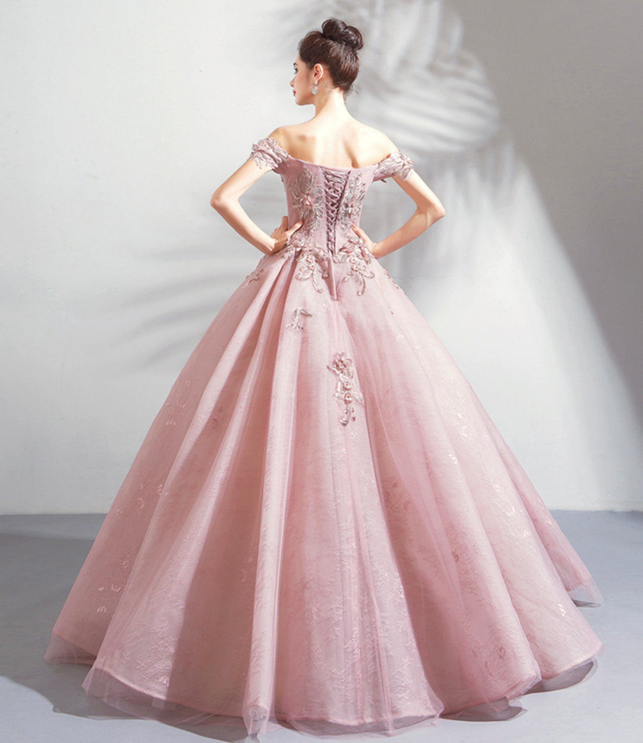 Pink tulle lace long prom dress A line evening gown HZ1023