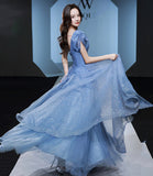Blue tulle sequins long prom dress evening gown HZ1023