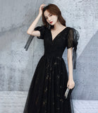 Black v neck tulle long prom dress A line evening dress HZ1023
