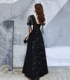 Black v neck tulle long prom dress A line evening dress HZ1023