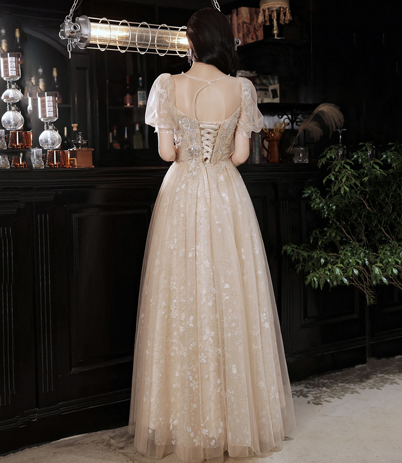 Champagne tulle sequins long prom dress evening dress HZ1023