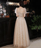 Champagne tulle sequins long prom dress evening dress HZ1023