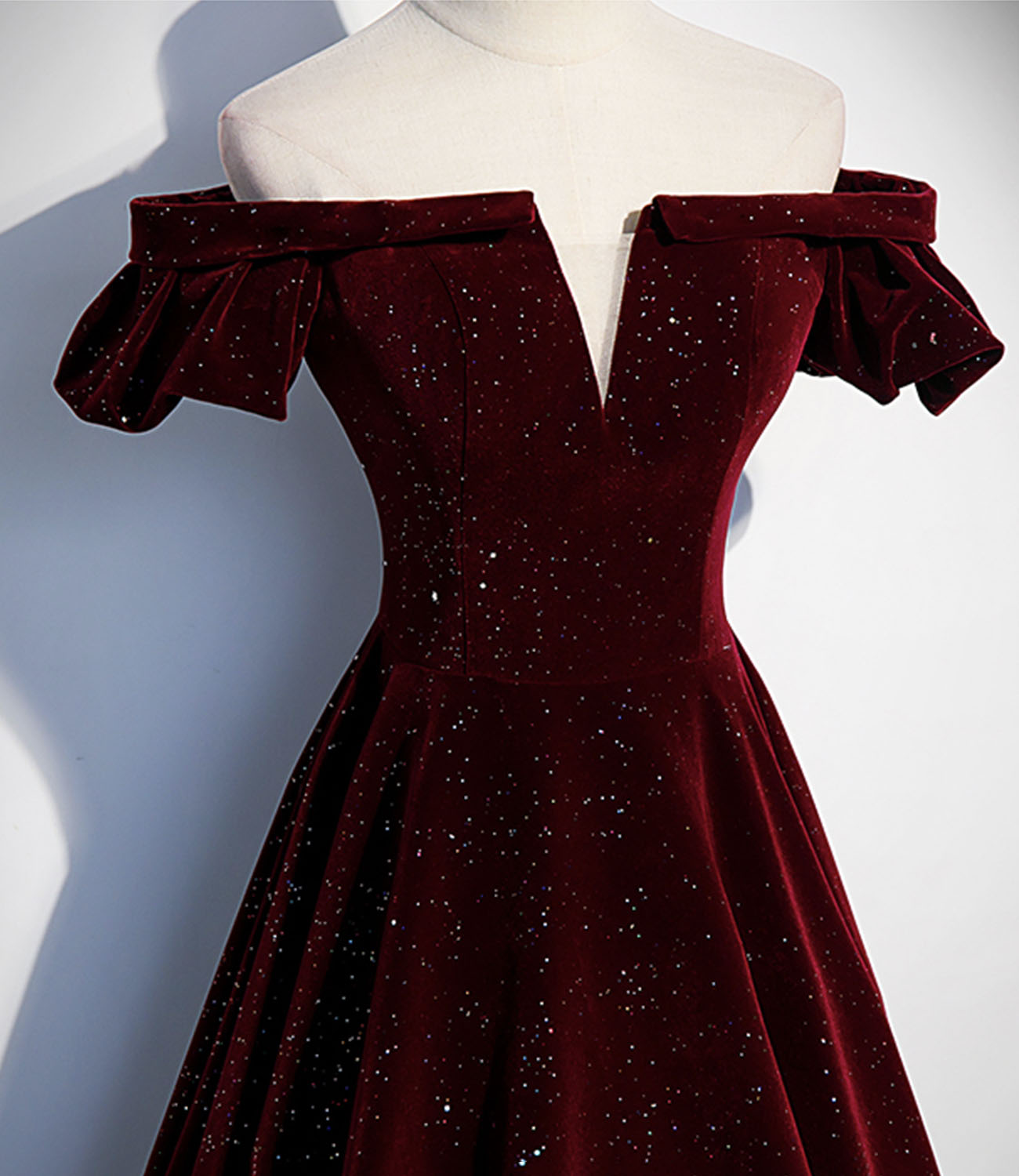 Burgundy velvet long prom dress A line evening gown HZ1023