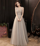 Cute tulle beads long prom dress A line evening gown HZ1023