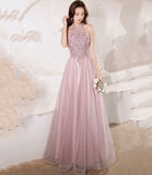 Pink tulle beads long prom dress A line evening gown HZ1023