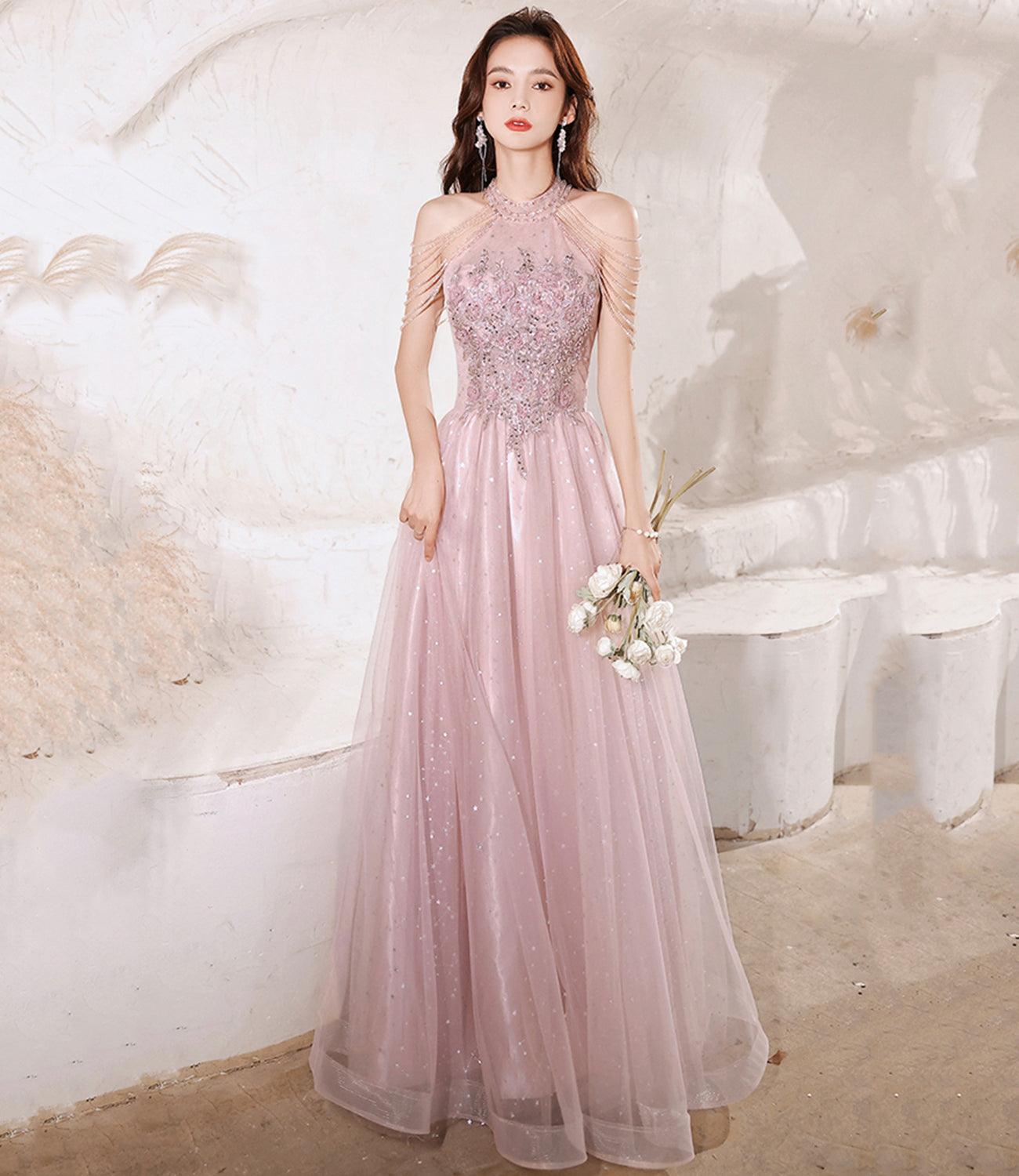 Pink tulle beads long prom dress A line evening gown HZ1023