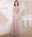 Pink tulle beads long prom dress A line evening gown HZ1023