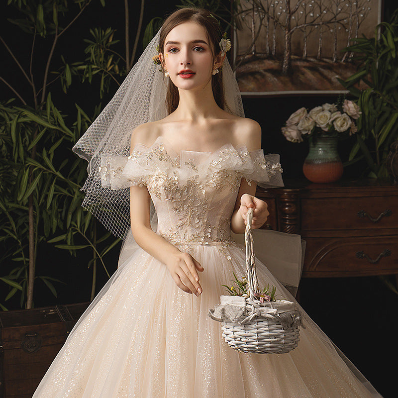 Champagne tulle sequins long ball gown dress formal dress HZ1023