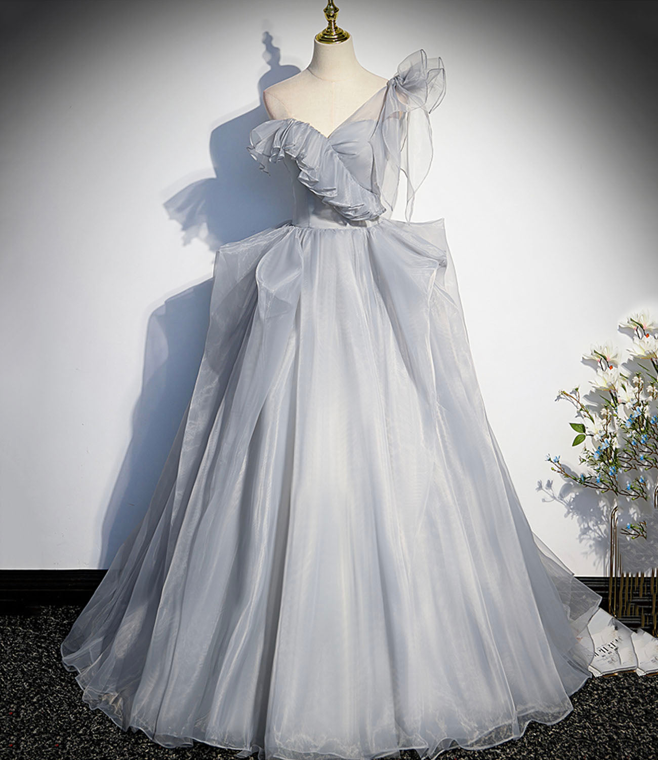 Gray tulle long ball gown dress A line evening gown HZ1023