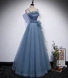 Blue satin tulle long prom dress A line evening dress HZ1023