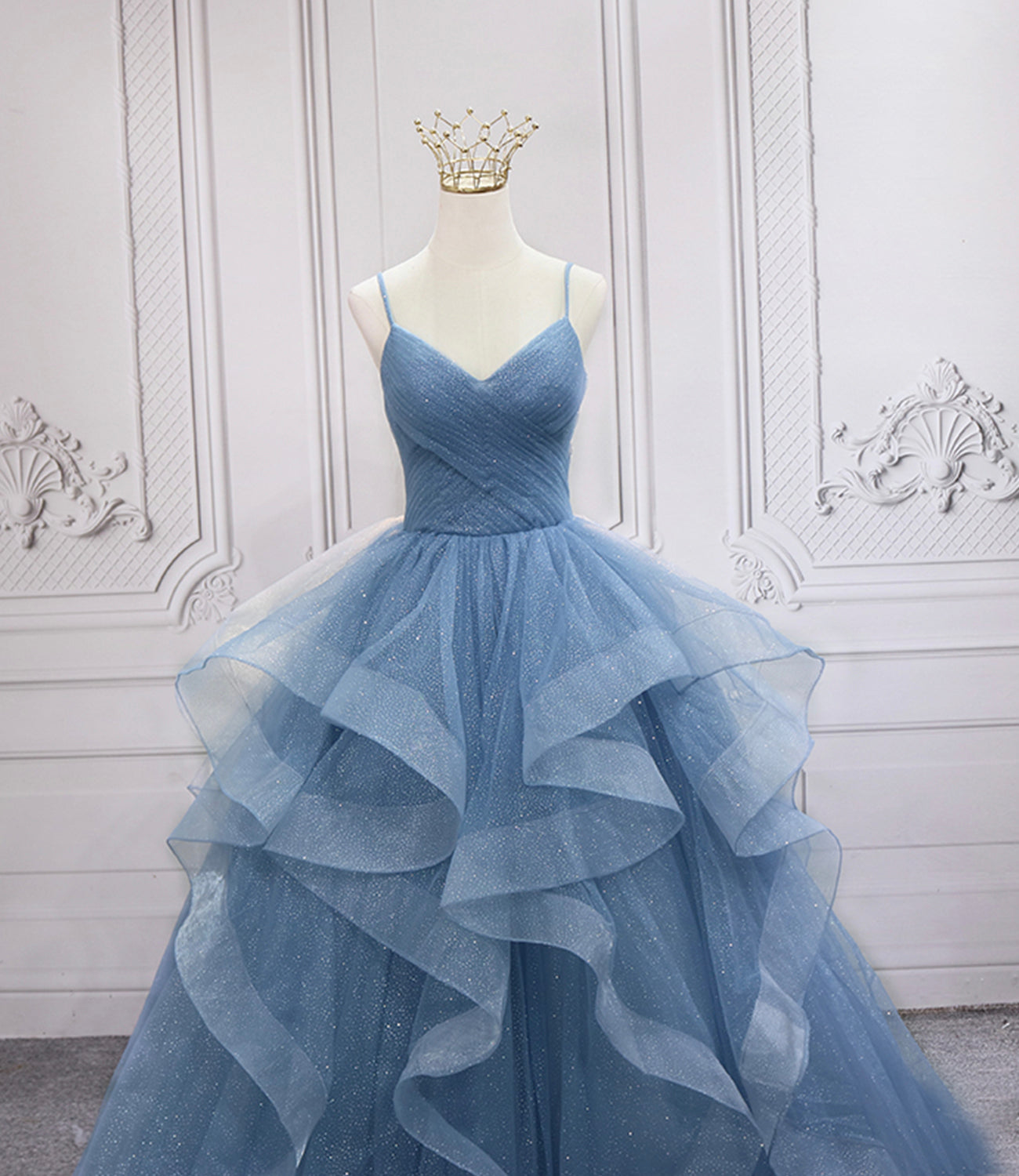 Blue tulle long prom dress blue evening gown HZ1023