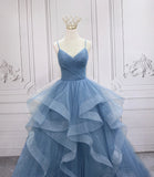 Blue tulle long prom dress blue evening gown HZ1023