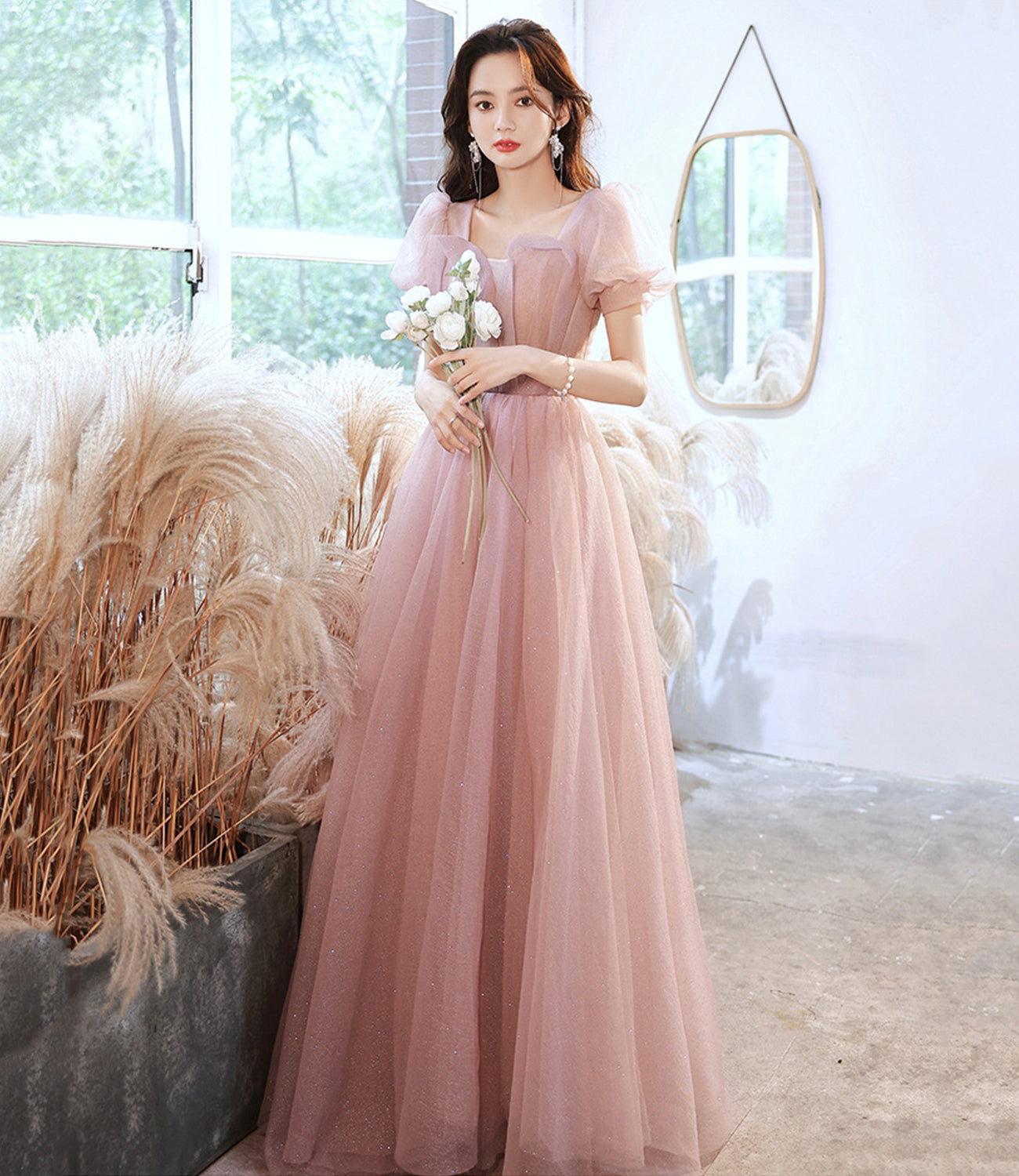 Pink tulle long prom dress pink evening gown HZ1023