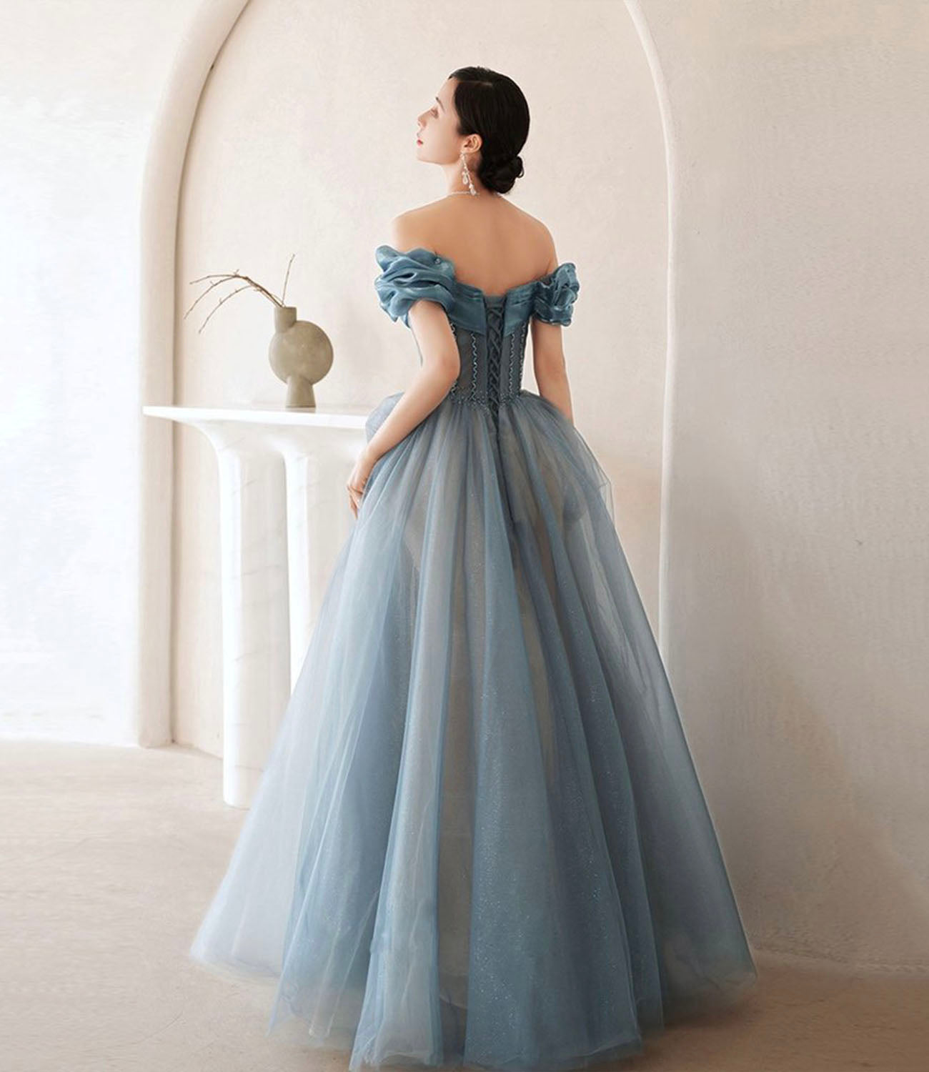 Blue tulle long A line ball gown dress evening gown HZ1023