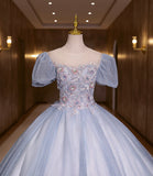 Blue shiny fashion elegant exquisite floral applique tulle lace long prom dress evening dress graduation dress HZ1023