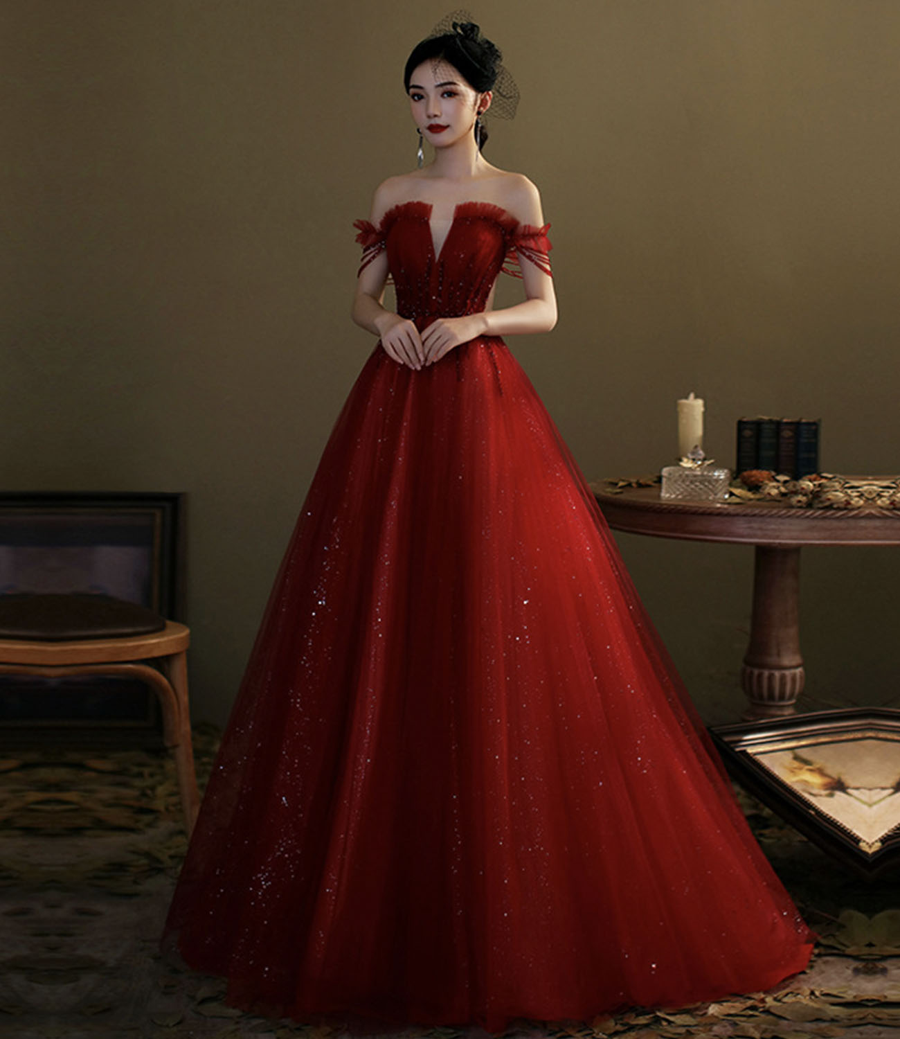 Red tulle sequins long prom dress evening gown HZ1023