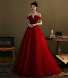 Red tulle sequins long prom dress evening gown HZ1023