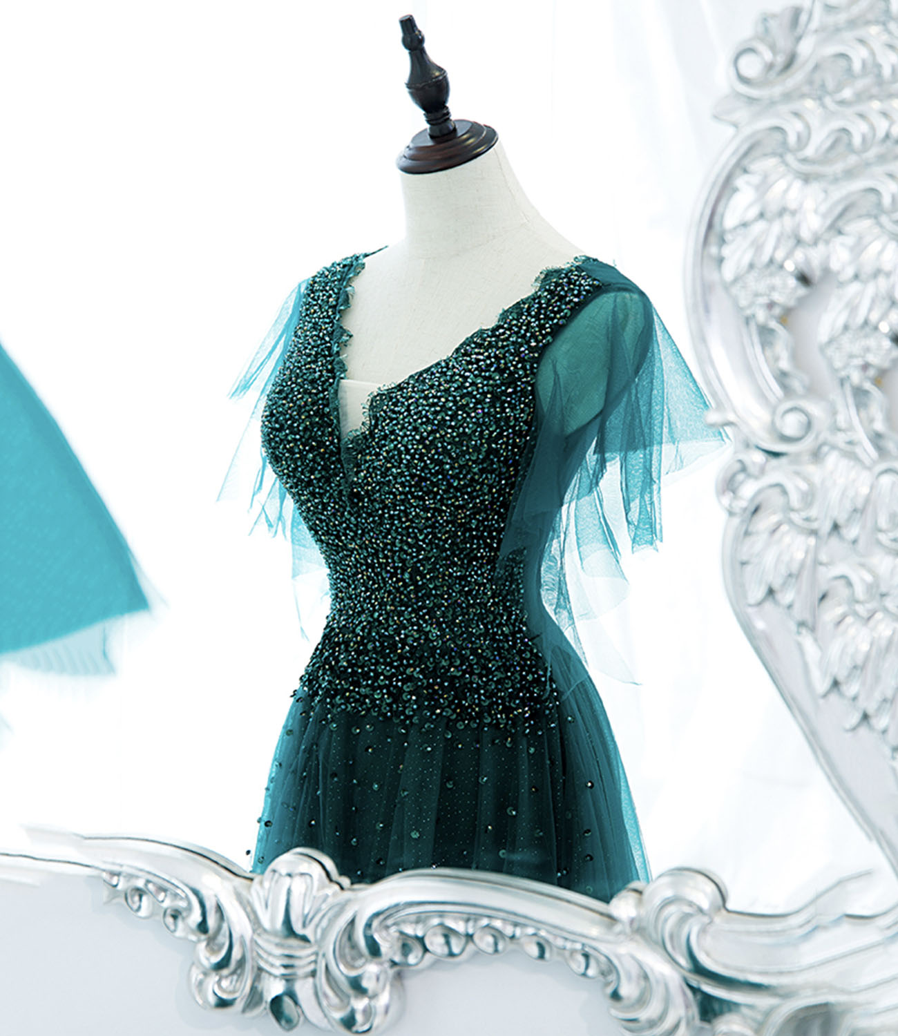 Green tulle beads long prom dress evening gown HZ1023