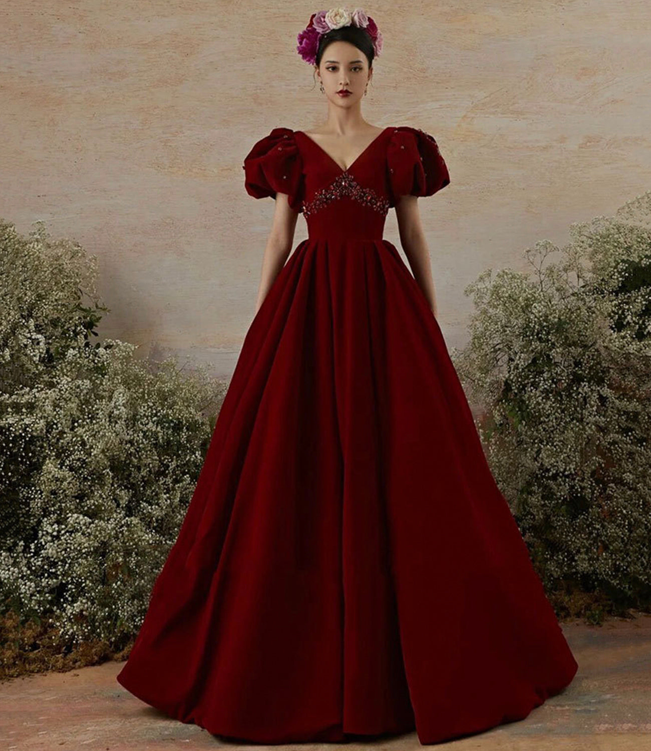Burgundy velvet long prom dress evening gown HZ1023