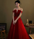 Red tulle sequins long prom dress evening gown HZ1023