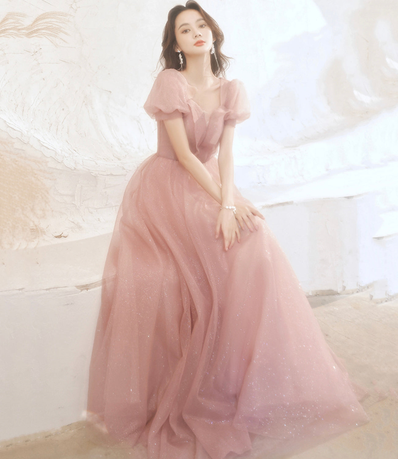 Pink tulle long prom dress pink evening gown HZ1023