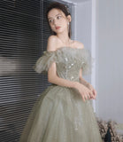 Green tulle sequins long prom dress A line evening dress HZ1023
