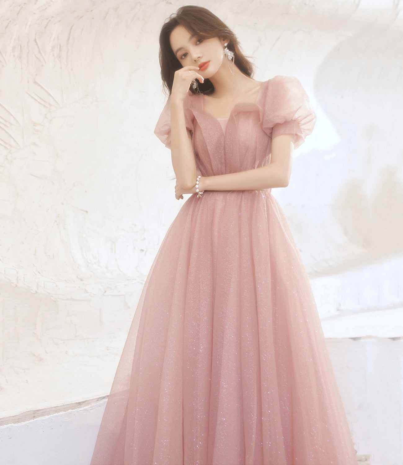 Pink tulle long prom dress pink evening gown HZ1023