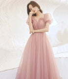 Pink tulle long prom dress pink evening gown HZ1023