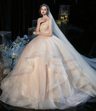 Champagne tulle long prom dress A line evening gown HZ1023